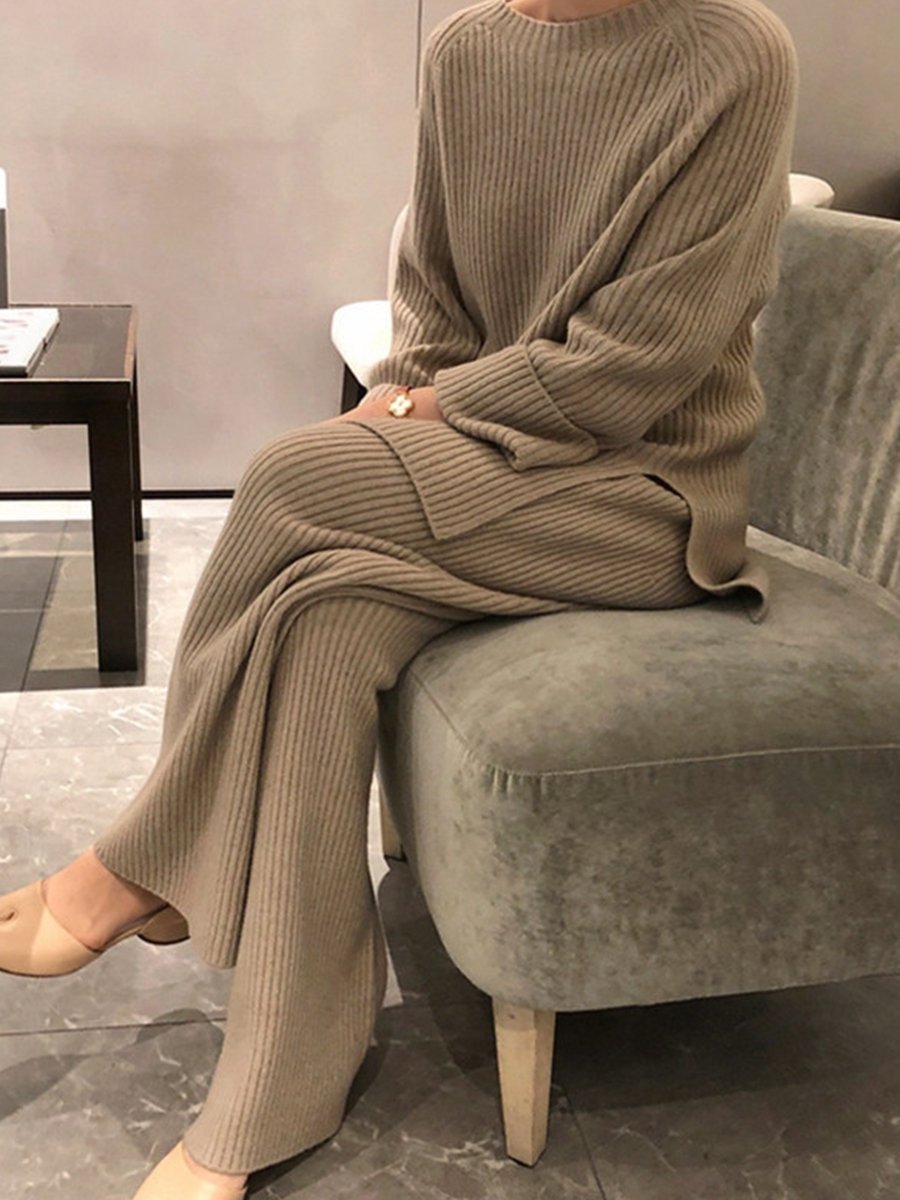 Women's Simple Hem Slit Ribbed Woolen Design Suit