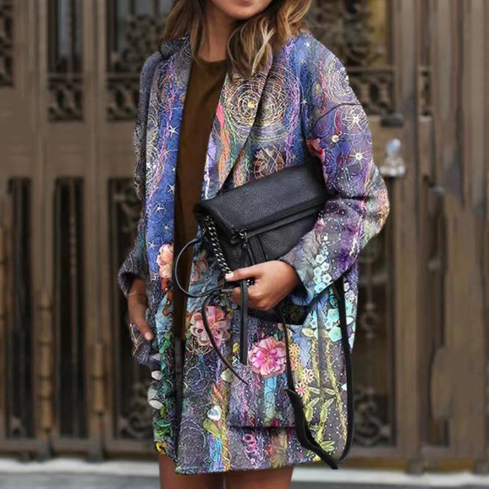 Fashion temperament top printed lapel long-sleeved jacket