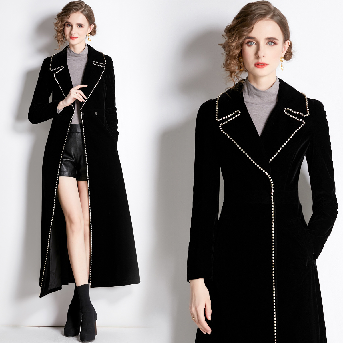 2022New Fashion Hepburn Style Velvet Rivet Trench Coat 