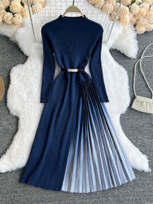 Stitching Knit Slim Slim Gradient Color Dress - Navy Blue