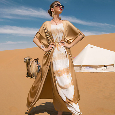 جديد أزياء الحرير طباعة عطلة طقم فستان السفر