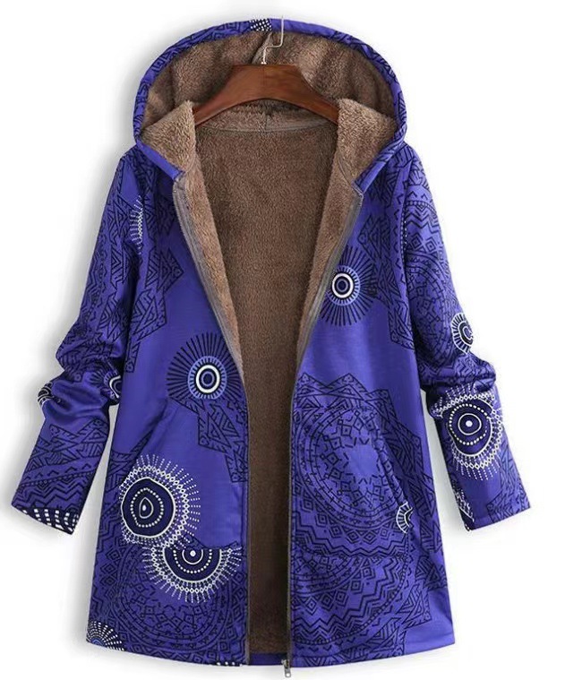 European and American women's winter print large size long-sleeved coat