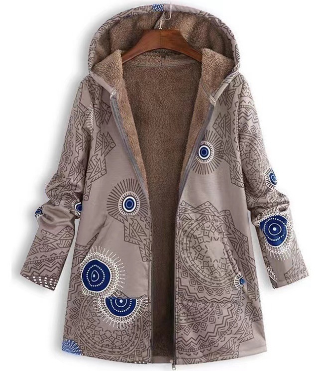 European and American women's winter print large size long-sleeved coat