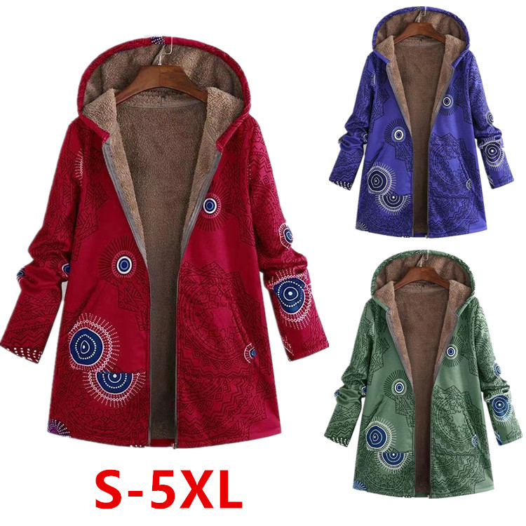 European and American women's winter print large size long-sleeved coat