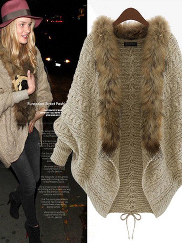 Loose plus size knitted cardigan bat sleeve fur collar sweater coat