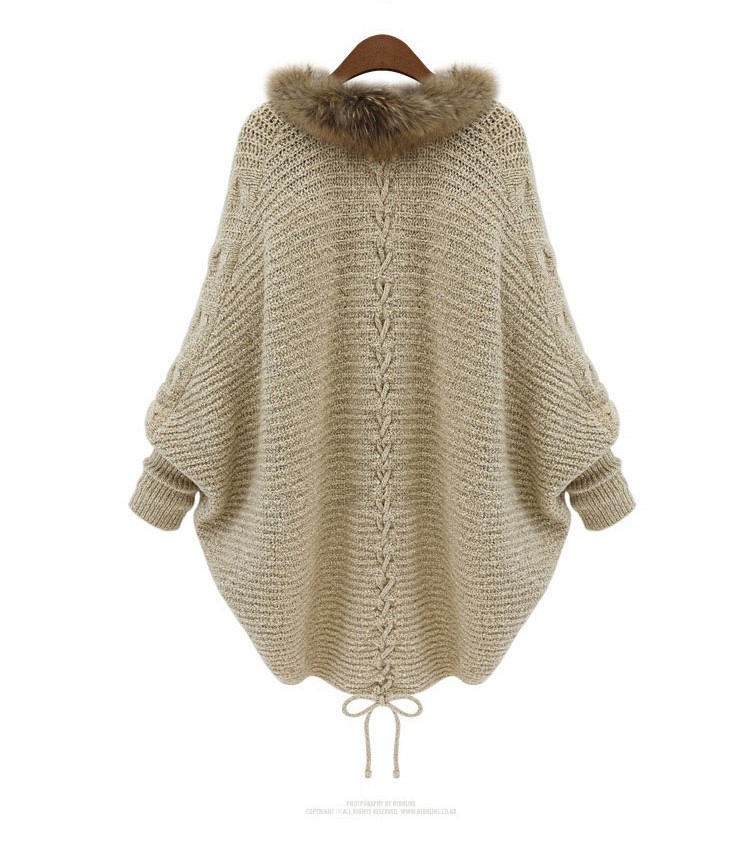 Loose plus size knitted cardigan bat sleeve fur collar sweater coat