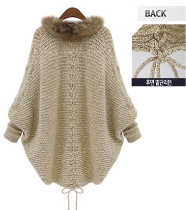 Loose plus size knitted cardigan bat sleeve fur collar sweater coat