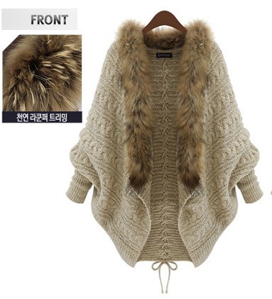 Loose plus size knitted cardigan bat sleeve fur collar sweater coat