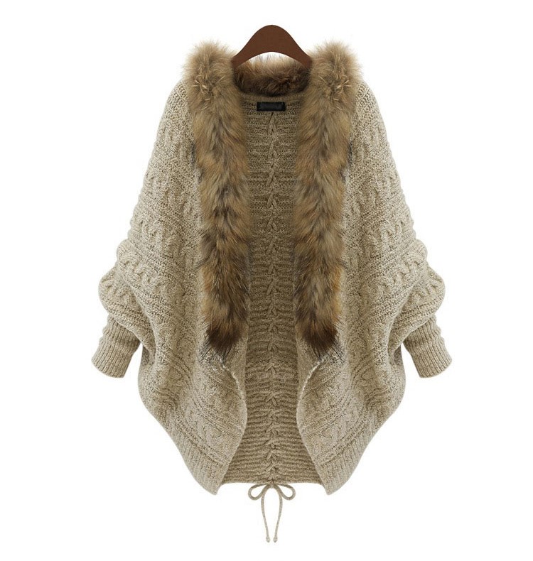 Loose plus size knitted cardigan bat sleeve fur collar sweater coat