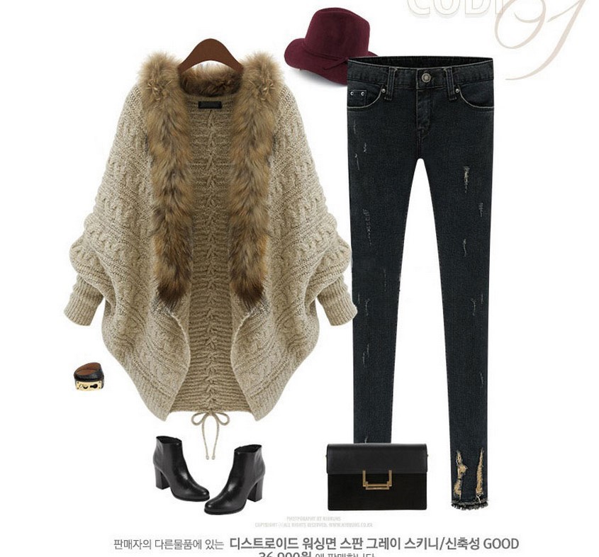 Loose plus size knitted cardigan bat sleeve fur collar sweater coat