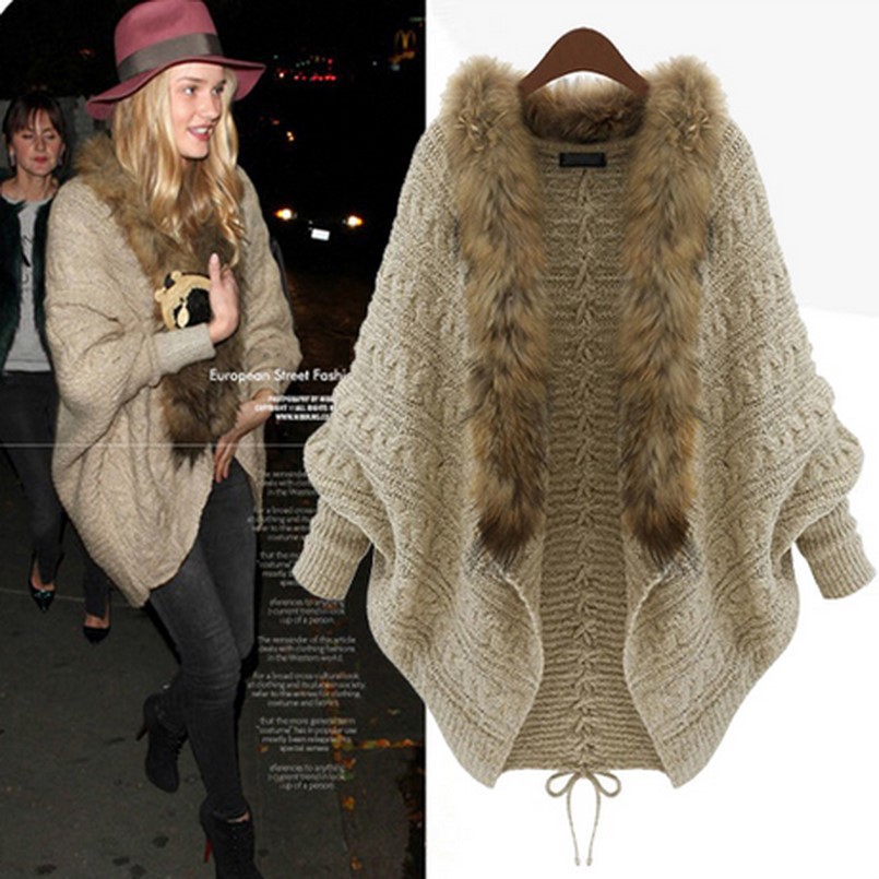 Loose plus size knitted cardigan bat sleeve fur collar sweater coat