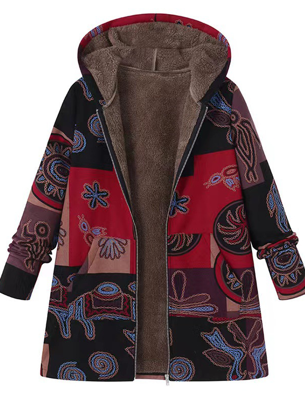 Women's Casual Hooded Long Sleeve Oversized Cotton Linen Printed Zipper Jacket