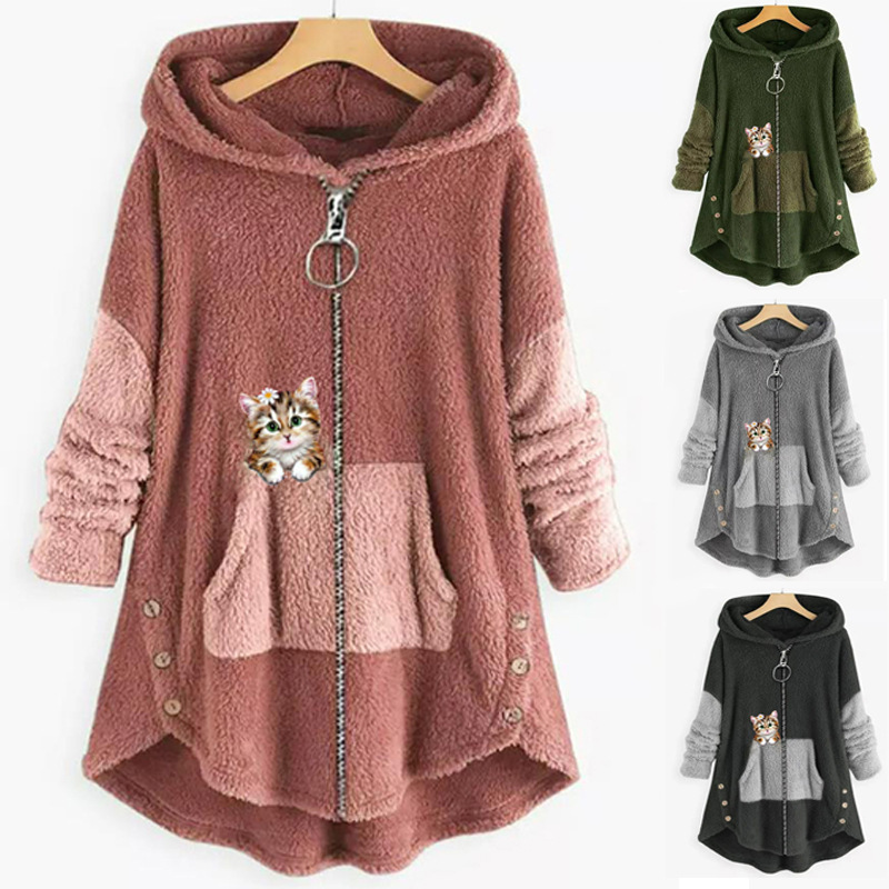 Mid-length hooded plus fat and personalized cat zipper women's clothing