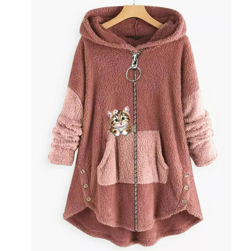 Mid-length hooded plus fat and personalized cat zipper women's clothing