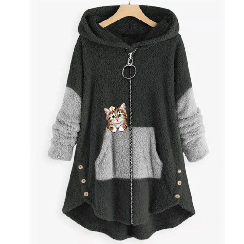 Mid-length hooded plus fat and personalized cat zipper women's clothing