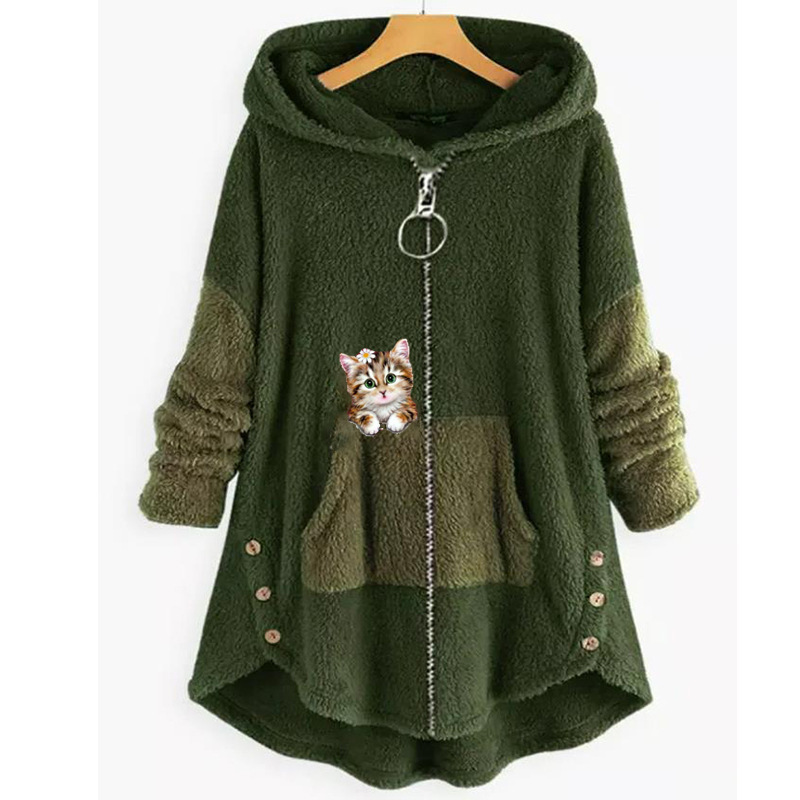 Mid-length hooded plus fat and personalized cat zipper women's clothing