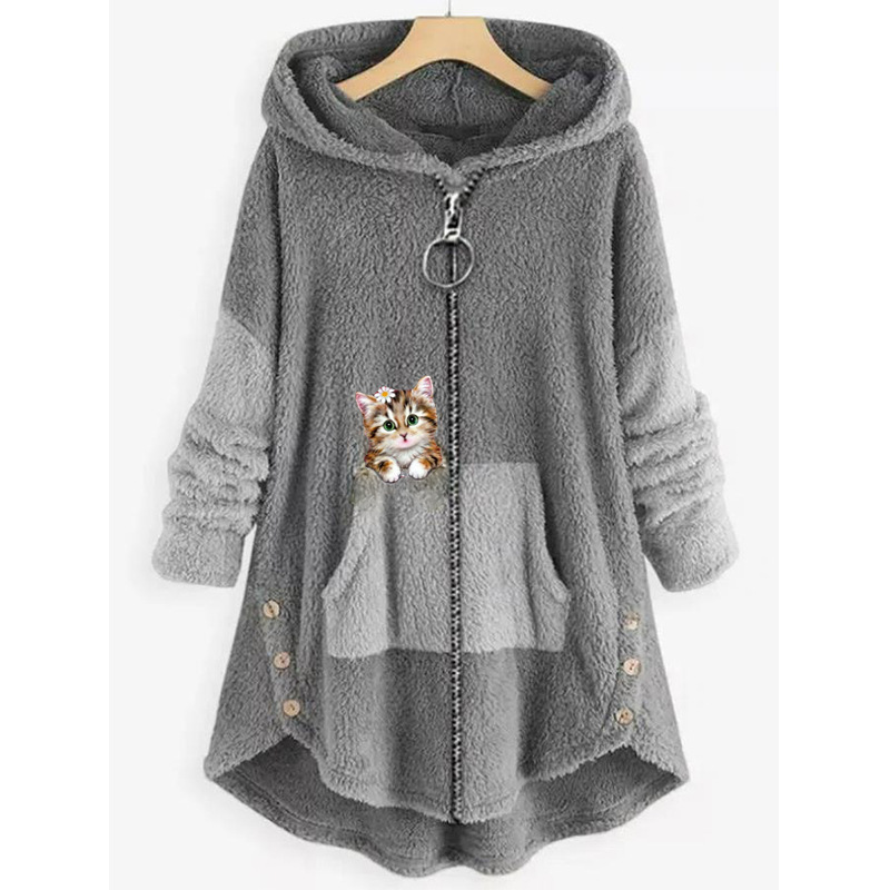 Mid-length hooded plus fat and personalized cat zipper women's clothing