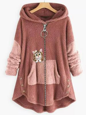 Mid-length hooded plus fat and personalized cat zipper women's clothing