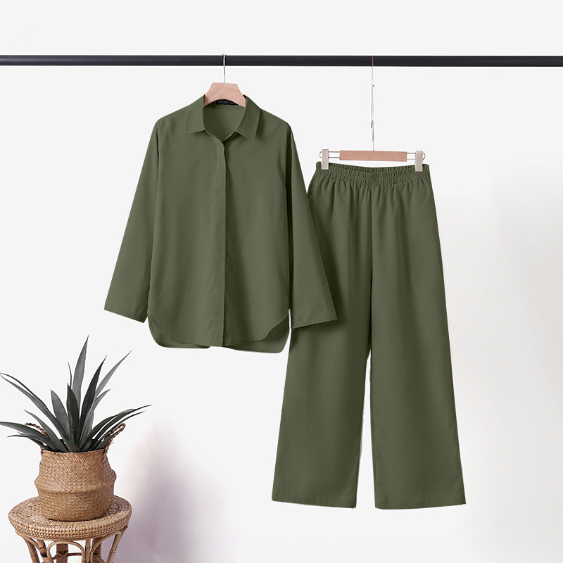 Lapel long-sleeved shirt casual solid color pants wide-leg suit