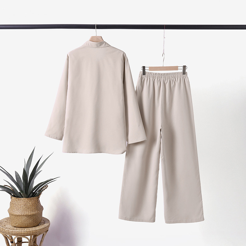 Lapel long-sleeved shirt casual solid color pants wide-leg suit