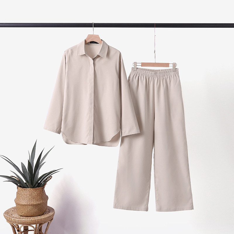 Lapel long-sleeved shirt casual solid color pants wide-leg suit