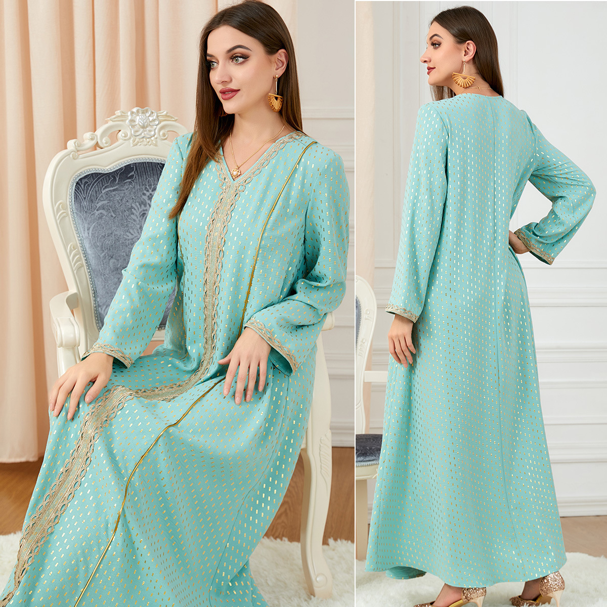 2023 New Fashion Tiffany Blue Bronzing Muslim Robe