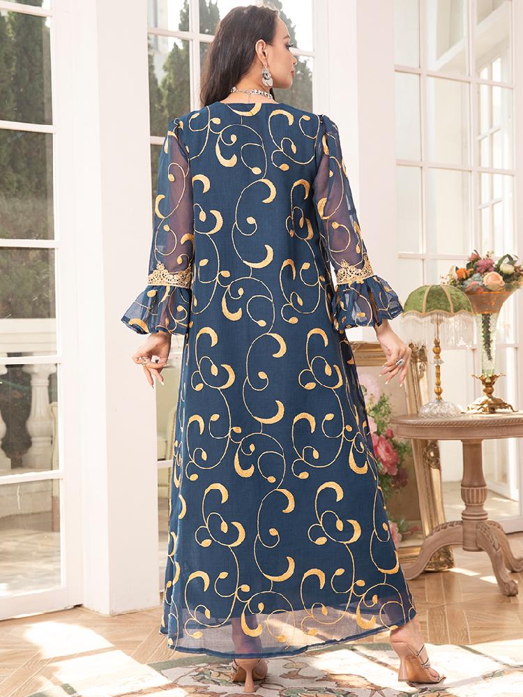 Elegant style V-neck Color contrast Printing Embroidery Hollow out Regular sleeve Kaftan