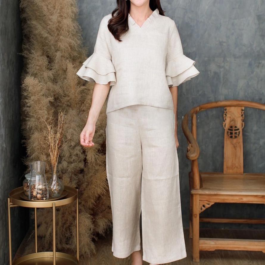 V-neck ruffled mid-sleeve loose suit