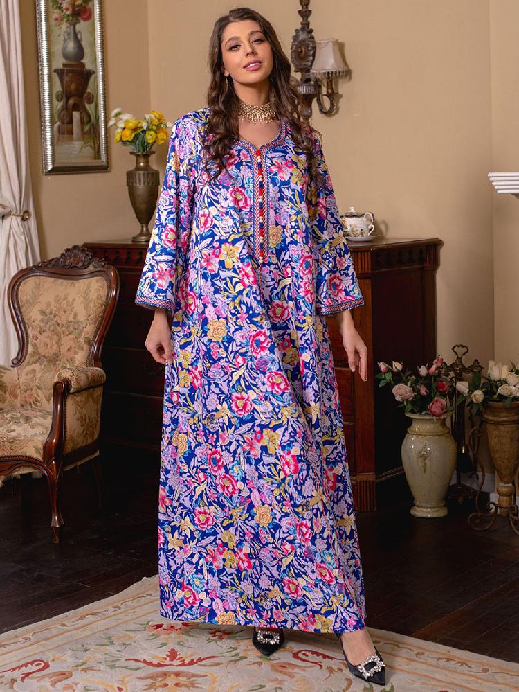 Elegant style V-neck Splicing pattern Color contrast Embroidery Buttons Flared sleeve Kaftan