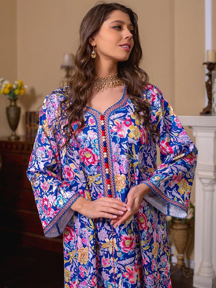 Elegant style V-neck Splicing pattern Color contrast Embroidery Buttons Flared sleeve Kaftan