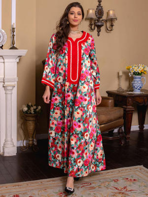 Sweet Round neck Color contrast Splicing pattern Printing Embroidery Regular sleeve Kaftan