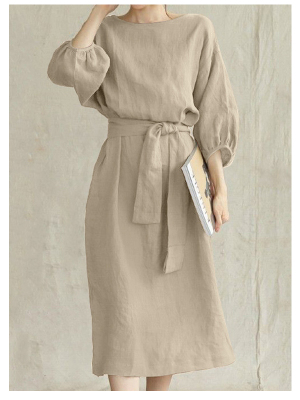 Mid-length high waist tie solid color cotton and linen dress