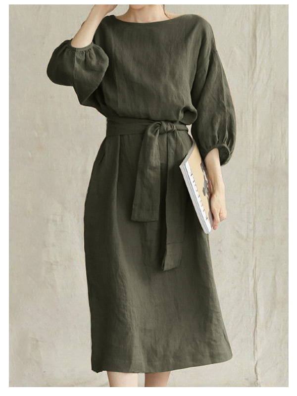 Mid-length high waist tie solid color cotton and linen dress