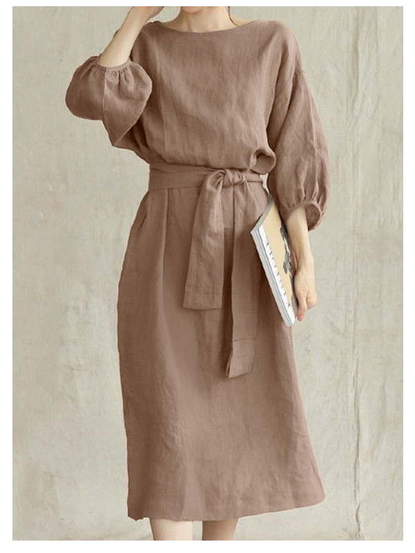 Mid-length high waist tie solid color cotton and linen dress