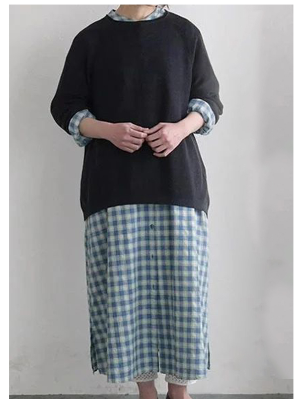 Japanese plaid blouse skirt in cotton and linen