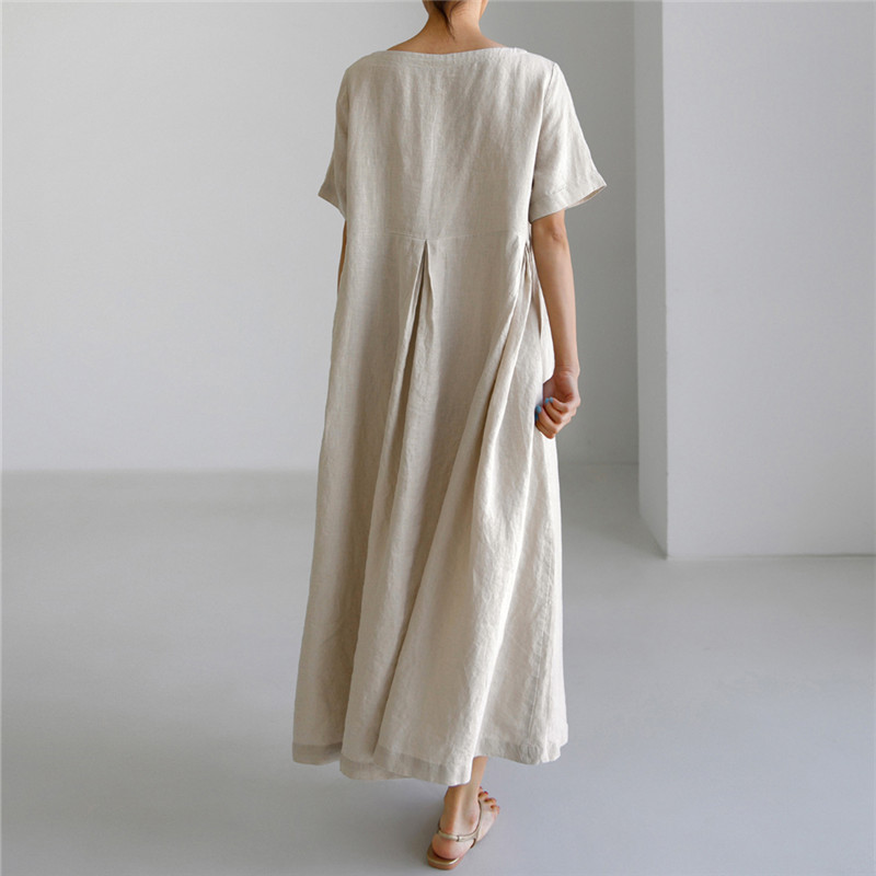Japanese short-sleeved cotton and linen loose dress