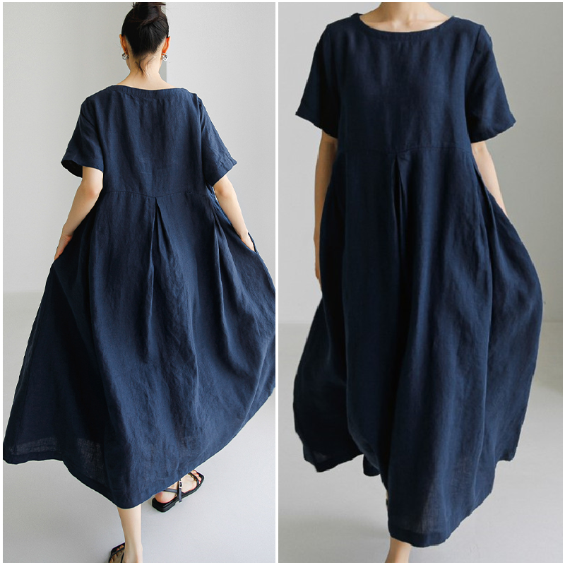 Japanese short-sleeved cotton and linen loose dress