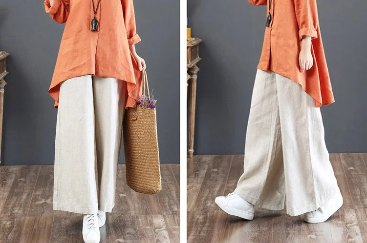 Cotton linen women's loose plus size wide leg pants