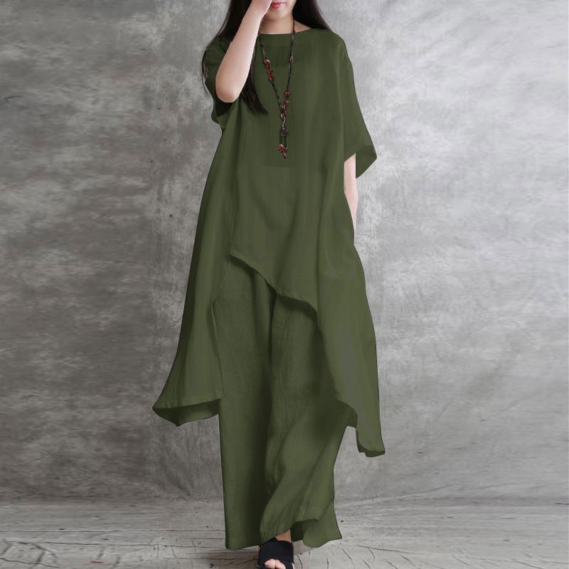 Irregular loose solid color cotton and linen two-piece set