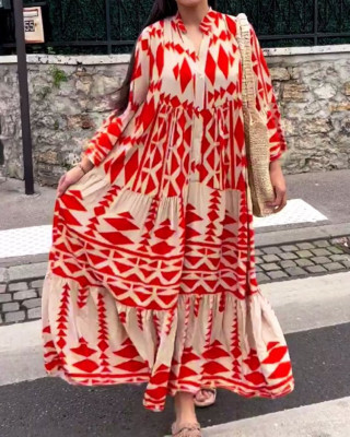 فستان طويل من القطن والكتان الفرنسي المطبوع