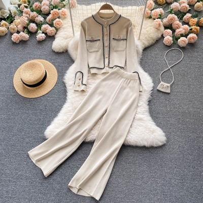 Single-breasted cardigan + wide-leg pants