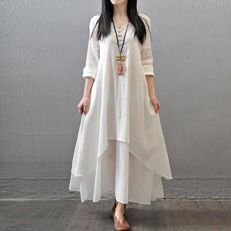 2023 New Loose Long Sleeve Cotton Hemp Dress