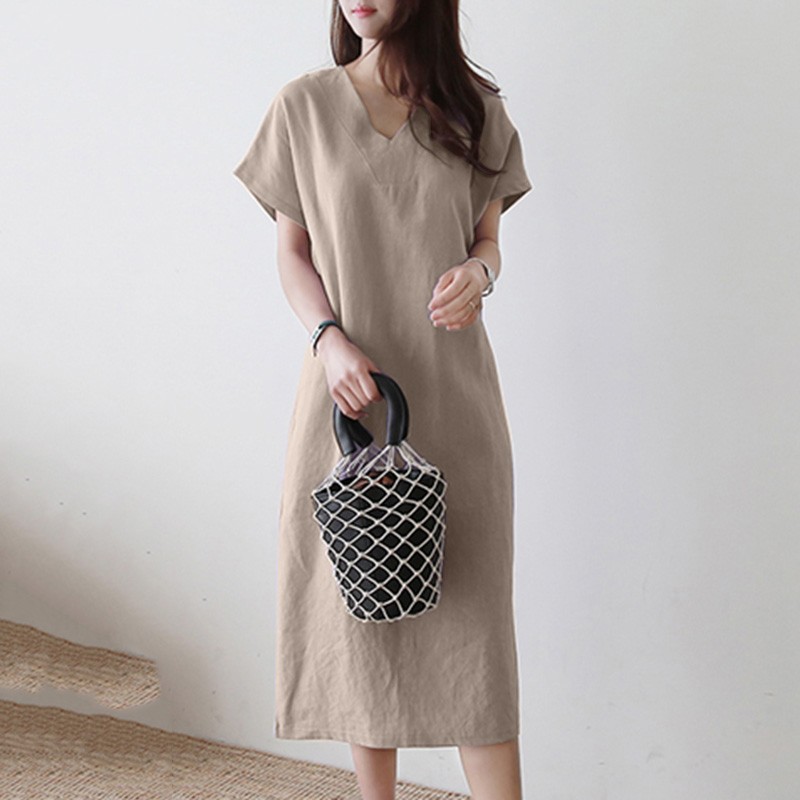 2023 New V-neck Short Sleeve Casual Comfortable Mid length Dress