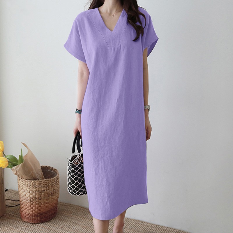 2023 New V-neck Short Sleeve Casual Comfortable Mid length Dress