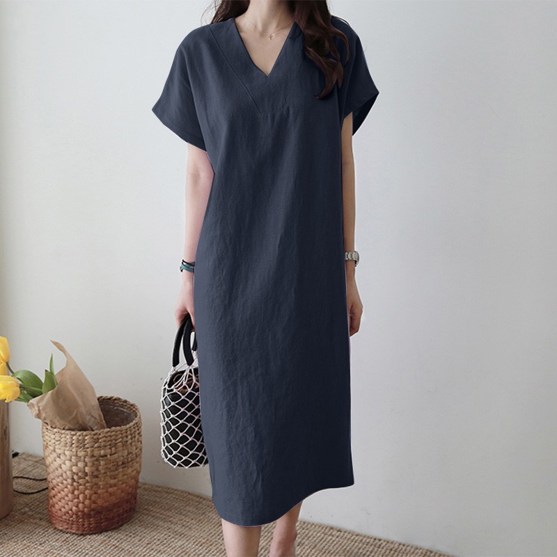 2023 New V-neck Short Sleeve Casual Comfortable Mid length Dress