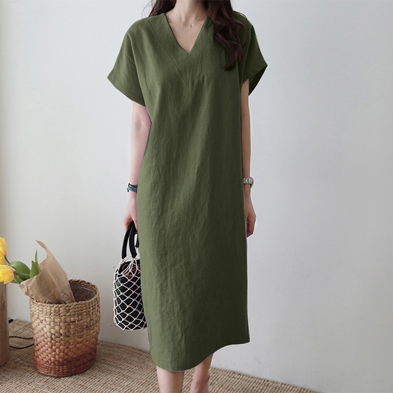 2023 New V-neck Short Sleeve Casual Comfortable Mid length Dress