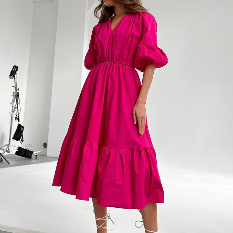 2023 New Solid Color Pleated Panel Large Swing Dress