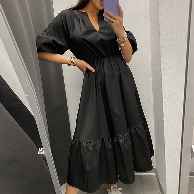 2023 New Solid Color Pleated Panel Large Swing Dress