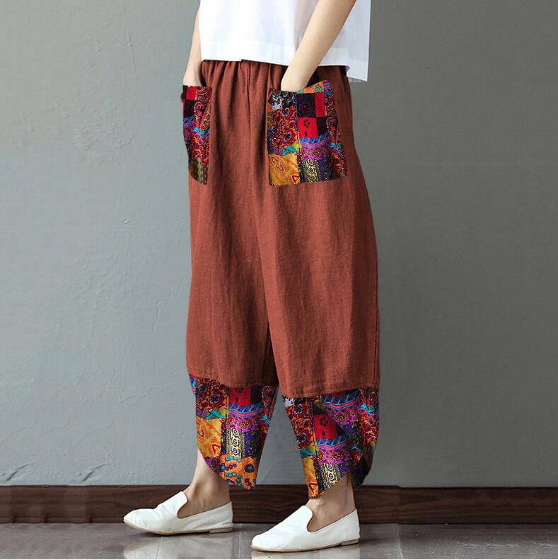 Wide-leg pants in printed cotton and linen