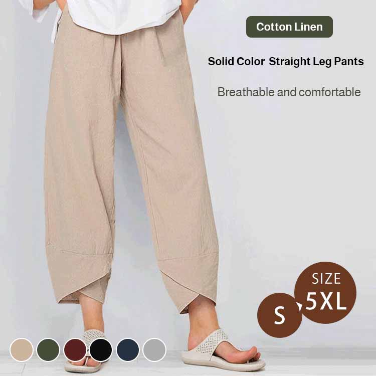 Solid Color Cotton Linen Straight Leg Pants